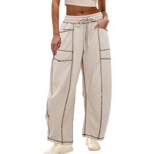 Athlisan Womens Baggy Barrel Pants Wide Leg Lounge Drawstring Sweatpants with Pockets (Beige, S)
