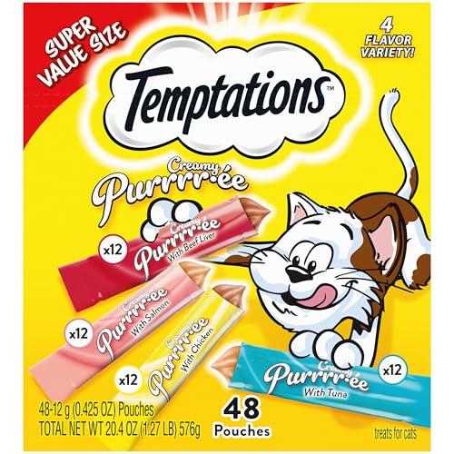 Temptations Creamy Puree Squeezable Lickable Cat Treats, Wet Cat Treats with Beef, Salmon, Chicken, and Tuna Variety Pack, 0.42 oz. Tubes, 48 Count BB Date 08/22/2027