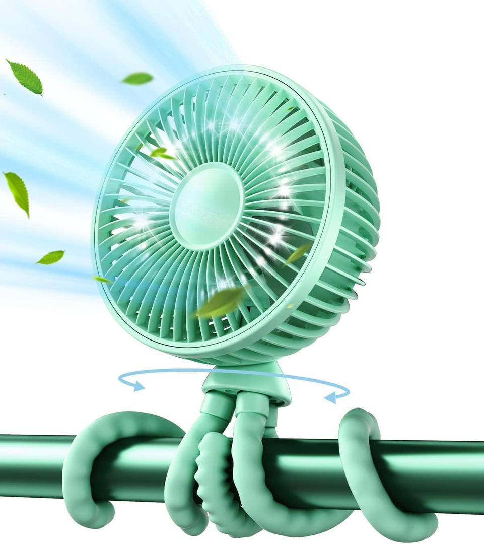 Gaiatop Oscillating Baby Stroller Fan with LED Night Light, 4 Speeds Cooling Rechargeable 360 Rotate Clip On, Battery Operated Small Portable Fans for Car Seat Crib Treadmill Travel (Green)