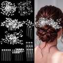 Maitys 44 Pieces Wedding Hair Accessories Faux Pearl Crystal Comb Clips U-shaped Flower Rhinestone Silver Pearl Hair Pieces for Prom Bride Bridesmaid(Delicate Style)