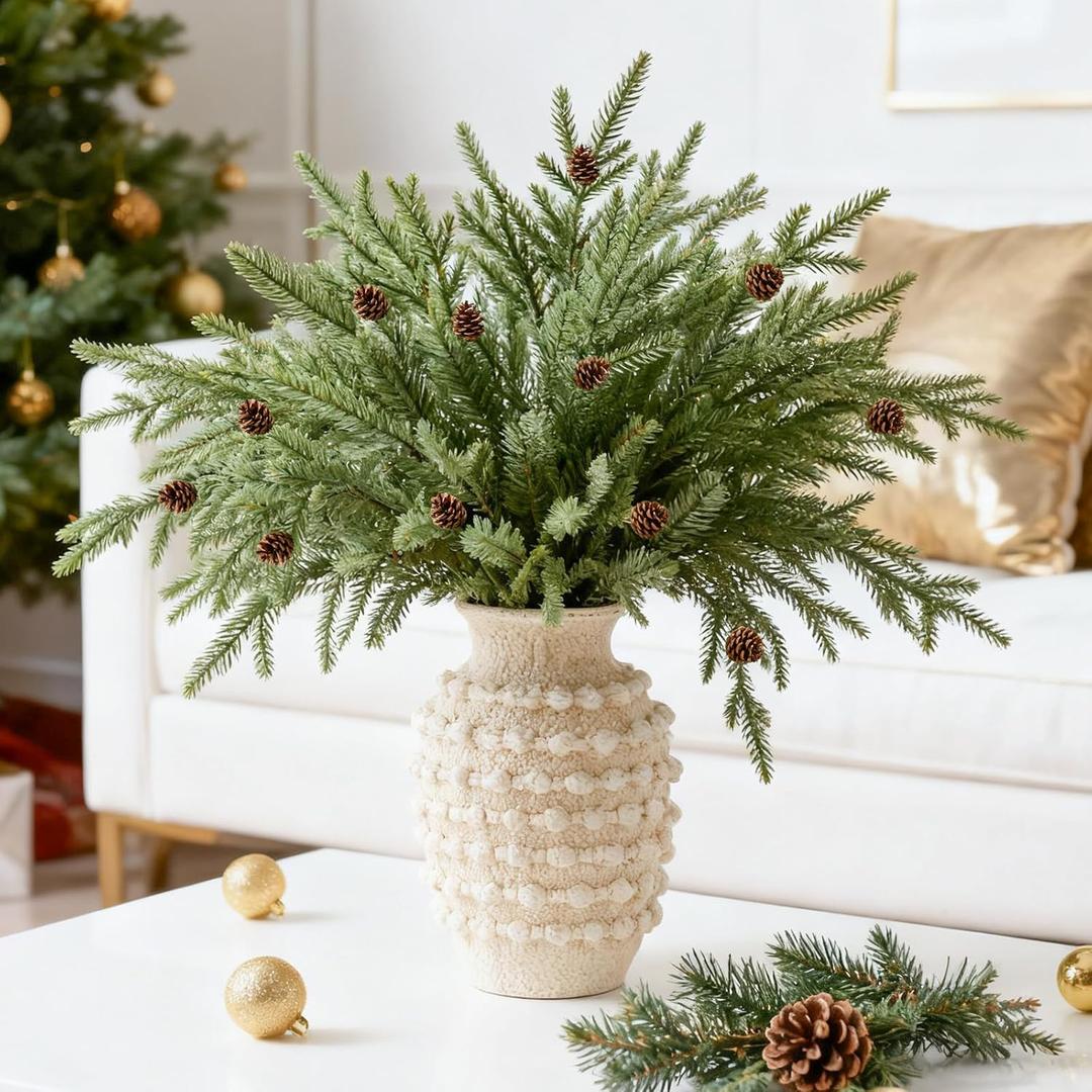 DN DECONATION Artificial Christmas Norfolk Pine Stems, Faux Pine Branches with Cones 35.4" 6PCS - Greenery Fake Pine Needles for Vase Arrangements, Winter, Holiday Indoor Outdoor Home Decor (Set of 6, Green and Brown90)