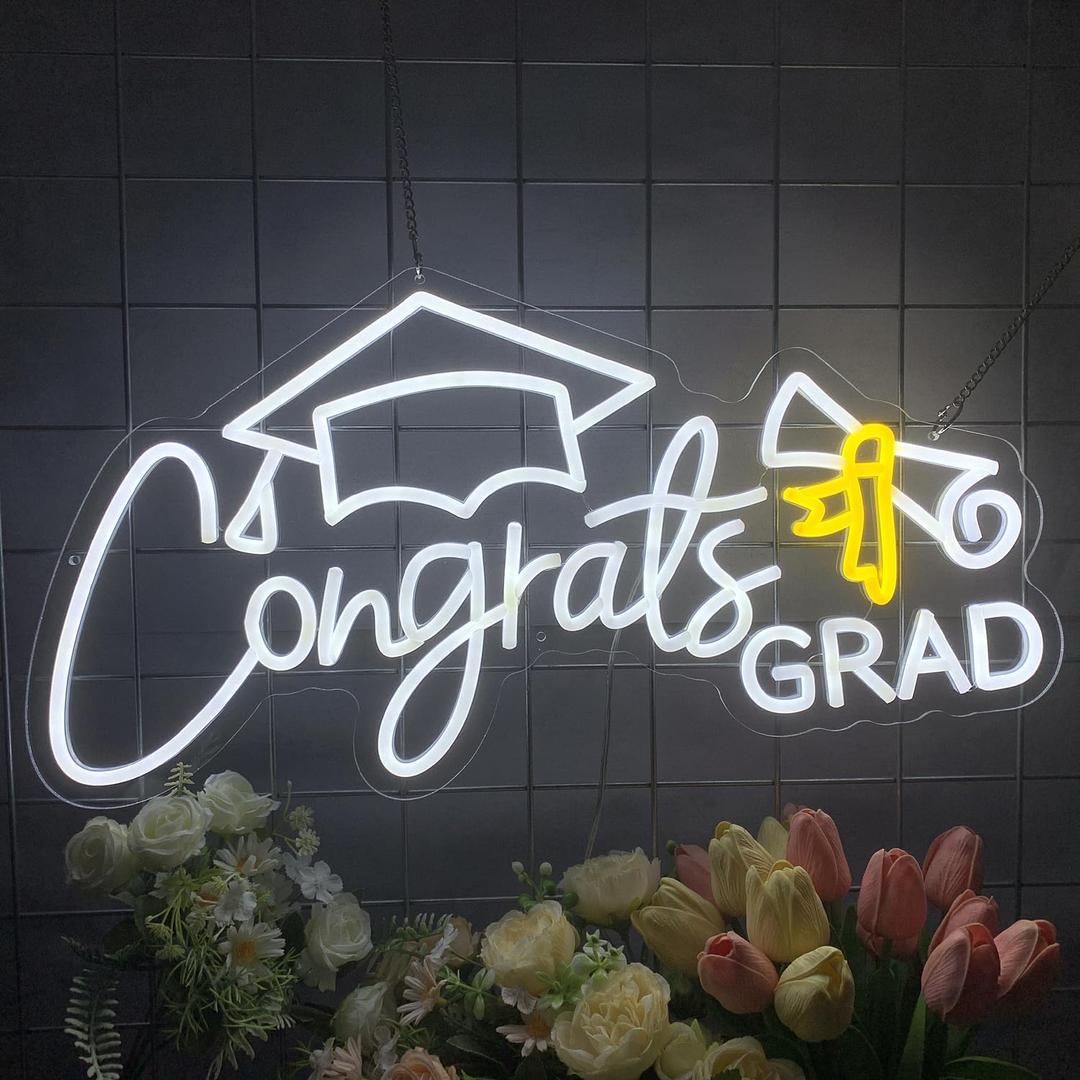 Congrats Grad Neon Sign Congrats Neon Lights Signs for Wall Decor with Dimmable Backdrop LED Light Up Signs for Party, Photos, Class of 2026 Celebrations, Graduation Gift (White + Yellow)