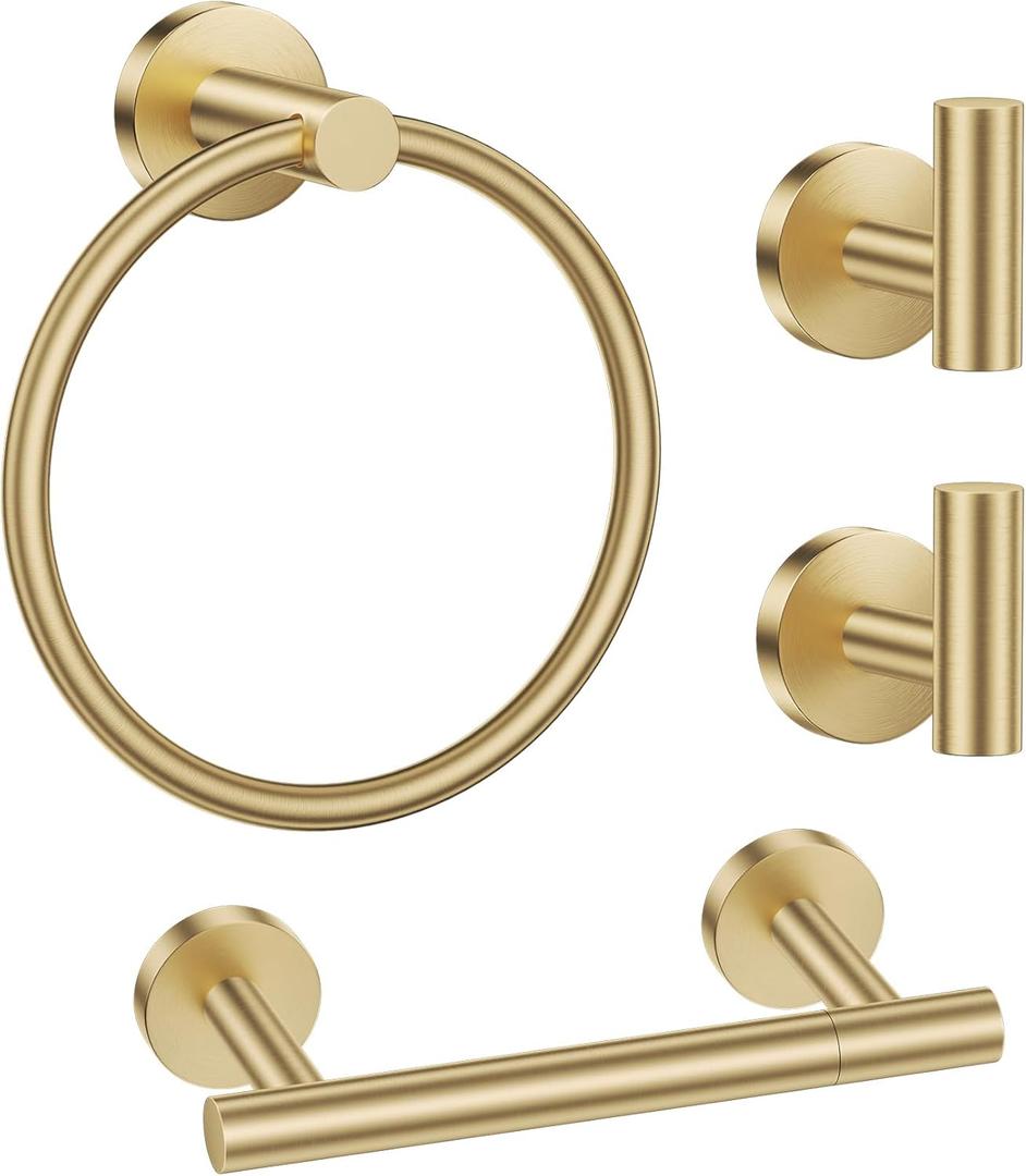 Lairuier Brushed Gold Towel Holder Set Include Double Bases Toilet Paper Holder,Towel Ring and 2 Towel Hooks Stainless Steel Wall Mounted Bathroom Hardware Accessories Set