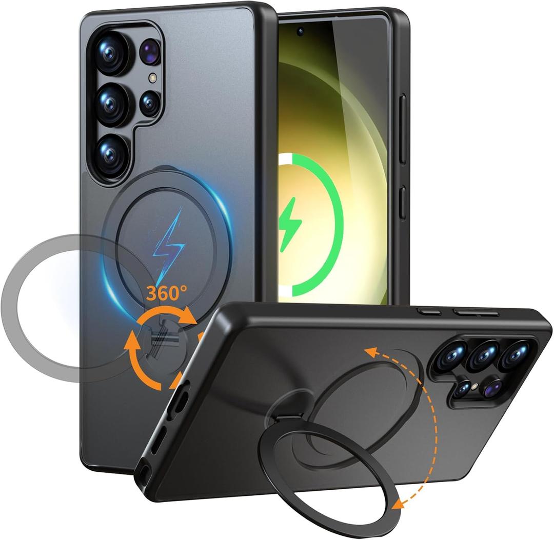 for Samsung Galaxy S23 Ultra Case with Stand,Compatible with Magsafe Wireless Charging,with 360Rotatable Magnetic Ring Holder Kickstand,Slim Protective Phone Cover,Matte Translucent,Black