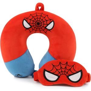 Superhero Travel Pillow for Kids & Adults with Sleep Eye Mask, Memory Foam U-Shaped Neck Pillow with Washable Cover, Soft Head Support Travel Accessories for Airplane Car Train Bus Recline, Red