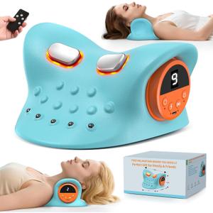 Smedz Neck Massager 2026, 4-in-1 Neck & Shoulder Massager with Multi-Directional Stretch, Heating & Vibration, 360 Remote ControlErgonomic for Home, Office, Car TravelSky Blue