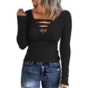 HERILIOS Women Casual Long Sleeve Tunic Tops V-Neck T Shirts Criss Cross Ribbed Casual Tee Slim Fitted Fall Blouse (Black, XXL)