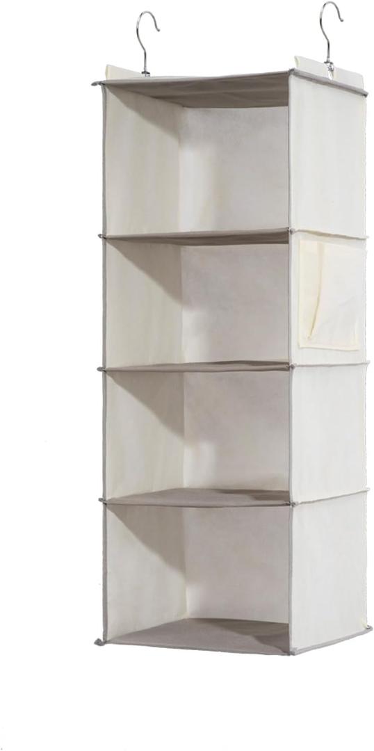 4-Shelf Hanging Closet Organizer and Storage, Collapsible Hanging Shelves for Closet with 2 Side Pockets, Hanging Shoe Organizer to Saving Space,Beige (1 Pack)