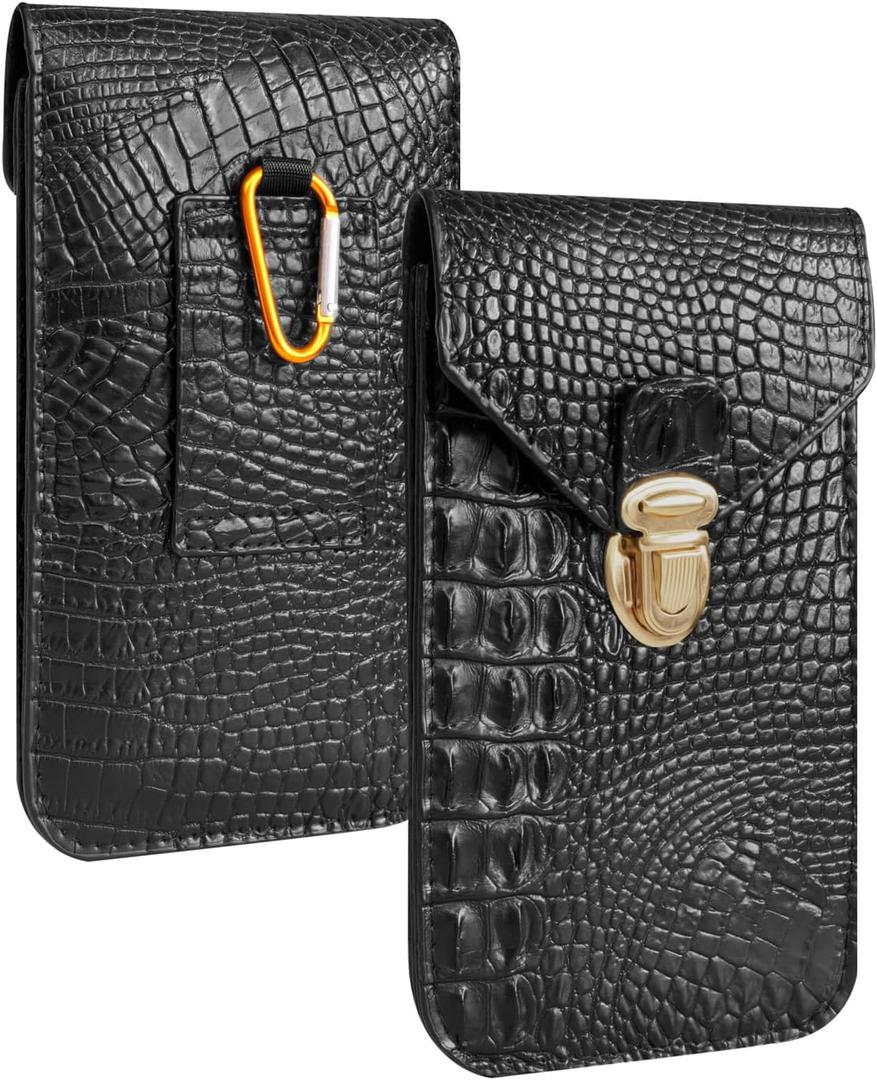 Black Crocodile Pattern PU Leather Phone Holster with 2 Pockets  Waterproof Work Cell Phone Pouch for Men, Fits iPhone 16/15/14 Pro Max & Samsung Galaxy S25+, Case Friendly, Outdoor Use