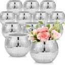 Jinei 12 Pcs Disco Vases Bulk Silver Mirror Disco Ball Flower Glass Ball Planter Candle Holder Glass Vase for Wedding Table Centerpieces Bedroom Office Birthday Decoration (3" X 4")