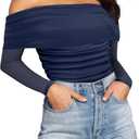 SAUNGKUAI Women's Off The Shoulder Long Sleeve Bodysuit Sexy Slimming Body Suit Tops Sheer Mesh Ruched Outfits (Large, Navyblue)