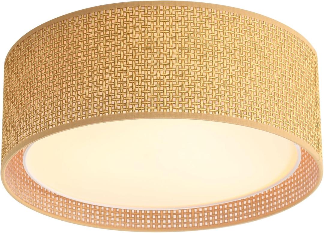 WINGBO 15.7" Modern 3-Light Flush Mount Ceiling Light Fixture with Fabric & Acrylic Double Drum Shade for Bedroom Living Room Dining Room Hallway Entryway, Brown