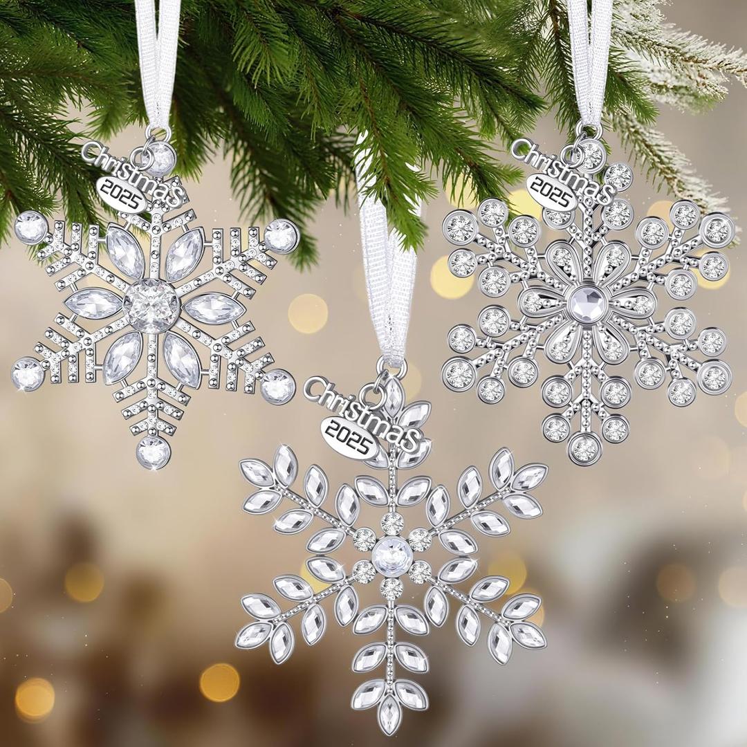 Bucherry 3 Pcs Christmas Snowflake Ornaments 2025 Decor for Christmas Tree Metal Hanging Rhinestones Glitter Crafts Snow Flake Decorations Indoor for Holiday Winter Home Window Room Door Gift