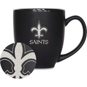 Rico Industries NFL Football New Orleans Saints Main 15oz Laser Engraved Matte Black Ceramic Bistro Mug - For Hot or Cold Drinks