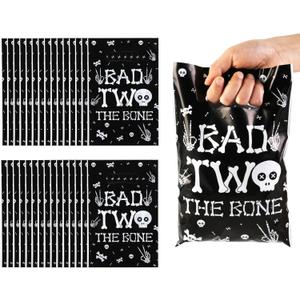 Serencatcher 50pcs Bad Two The Bone Plastic Favor Bags, Bad 2 The Bone Party Decorations, 6.6x9.8 Inches Candy Goodie Treat Bags Bulk with Handles for Boy Girl 2nd Birthday Party