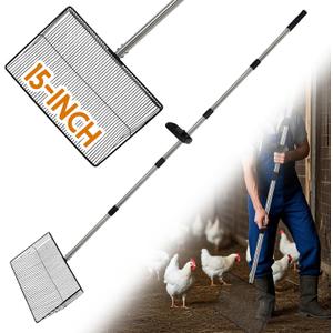 15" Extra Large Chicken Coop Scooper  Heavy Duty Stainless Steel Adjustable Handle (24"-76") Chicken Poop Rake, 5 in 1 Dual-Use Sifting Shovel for Chicken Poop & Litter Cleaning Tool