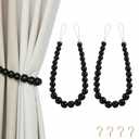 Hion 2 Pcs Boho Curtain Tiebacks,Wood Beads Curtain Holdbacks,Outdoor Farmhouse Tie Backs for Curtains,Curtain Holders for Drapes Home Office Room Decor with Hooks(Black)