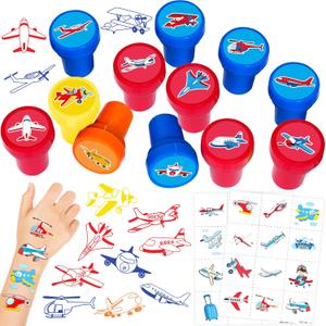 36PCS Airplane Party Favors - 24PCS Pre-Cut Temporary Tattoos & 12PCS Stamps - Ideal Aircraft Themed Birthday Card Decorations Supplies Goodie Bag Baby Shower Kids Gifts Classroom Rewards Prizes