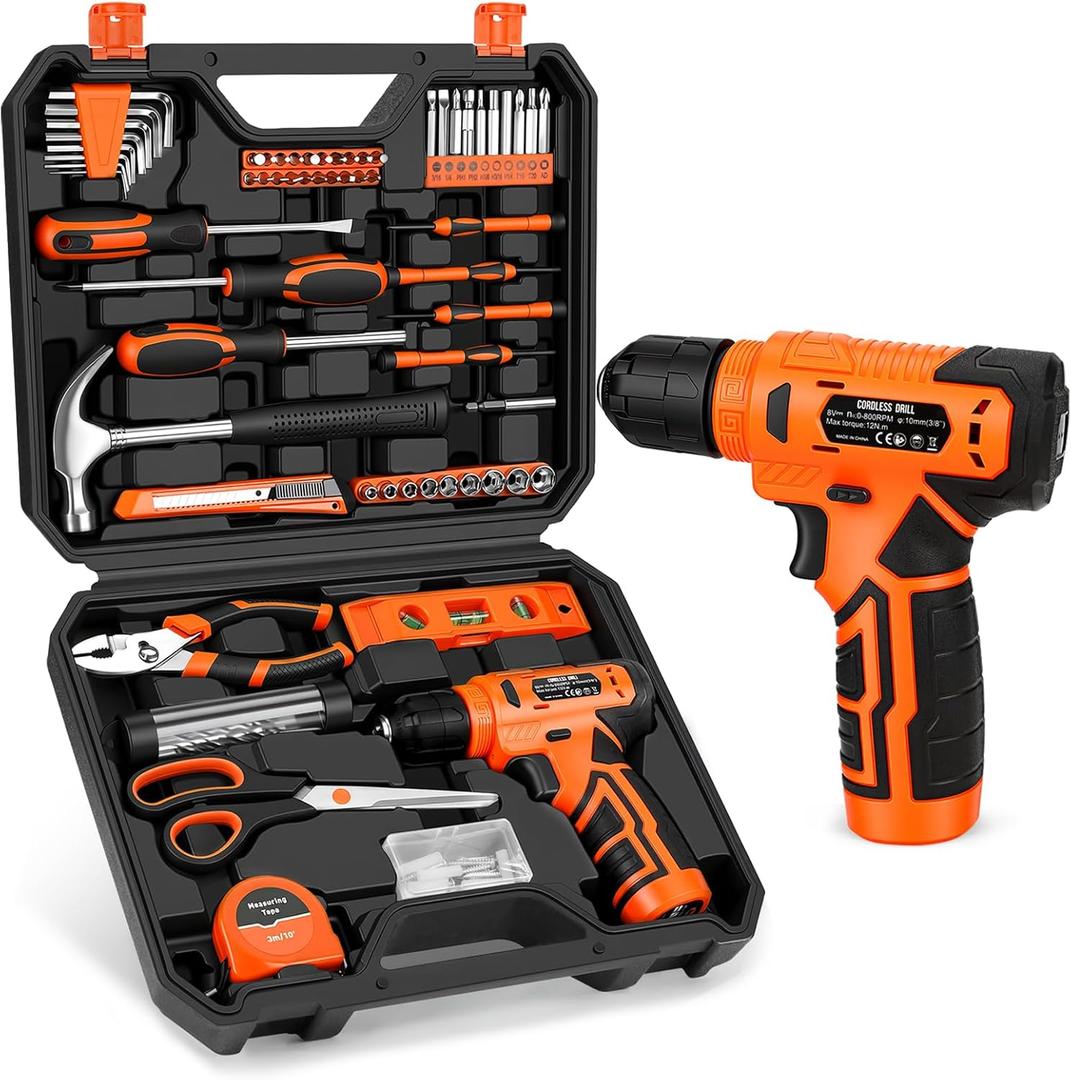 139-Piece Tool Set - Tool Kit with 8V Cordless Drill Driver in ToolBox Storage Case, General Household Drill Set for Home Repairs, Handyman, DIY Projects (Orange)