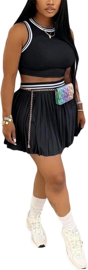 CALEBGAR Two Piece Tennis Skirt Set for Women Color Block Tank Top High Waisted Pleated Athletic Skirt with Shorts Golf Dress, Size: XX-Large