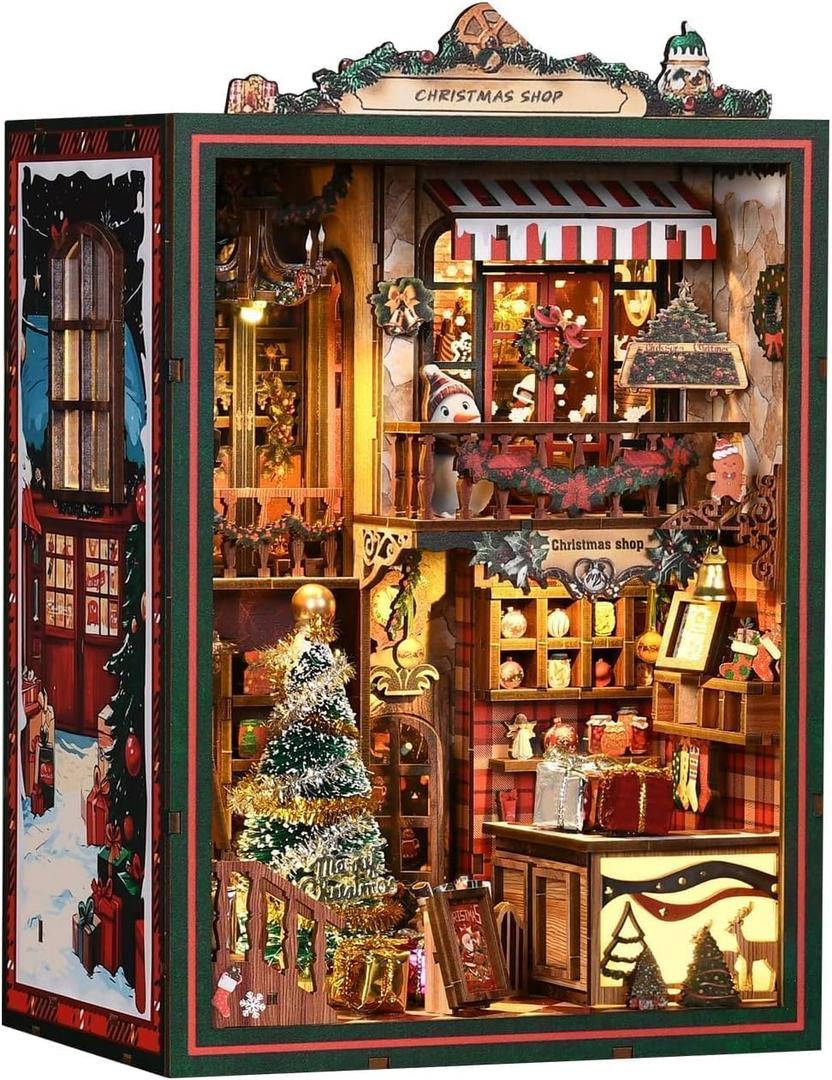 Book Nook Kit  DIY Christmas Puzzle with Music Box & LED | Wooden Miniature Shop Model for Teens & Adults | Bookshelf Gift Decor