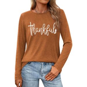 Thanksgiving Shirts for Women: Thankful Letter Printed Long Sleeve Shirt Thankful Greatful Blessed Shirts Fall Pumpkin Tops (XL)