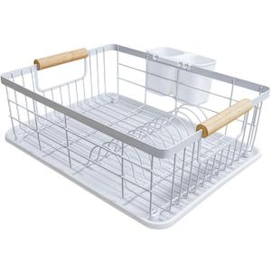 Amig - Graz Dish Rack - 42 x 31.5 x 15 cm - Steel with Wooden Handle - Colour White - Dish Rack with Drip Tray and Cutlery Holder - Capacity for 10 Plates and 6 Glasses