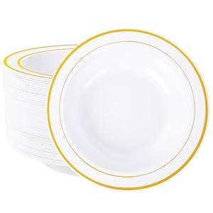 Nervure 50 Pack Plastic Bowls with Gold Rim - 12oz Disposable Soup Bowls - Heavy Duty Dessert & Salad Bowl & Ice Cream Bowl for Weddings, Parties, and Mothers Day