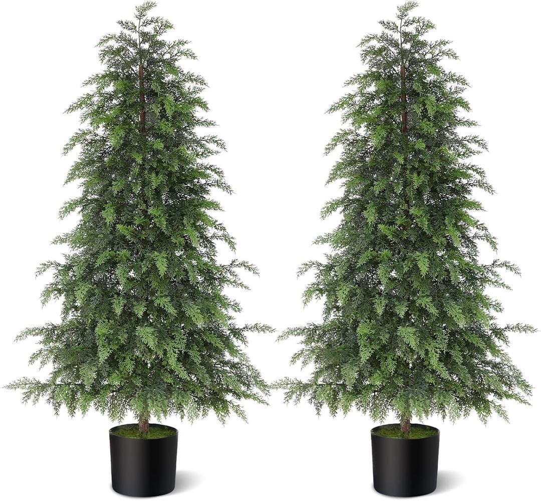 4FT Real Touch Cedar Topiary Trees for Front Porch Decor, Artificial Shrubs Faux Plants Potted UV Resistant Fake Greenery for Outdoor Indoor Door Garden Farmhouse Home Decoration (Set of 2)