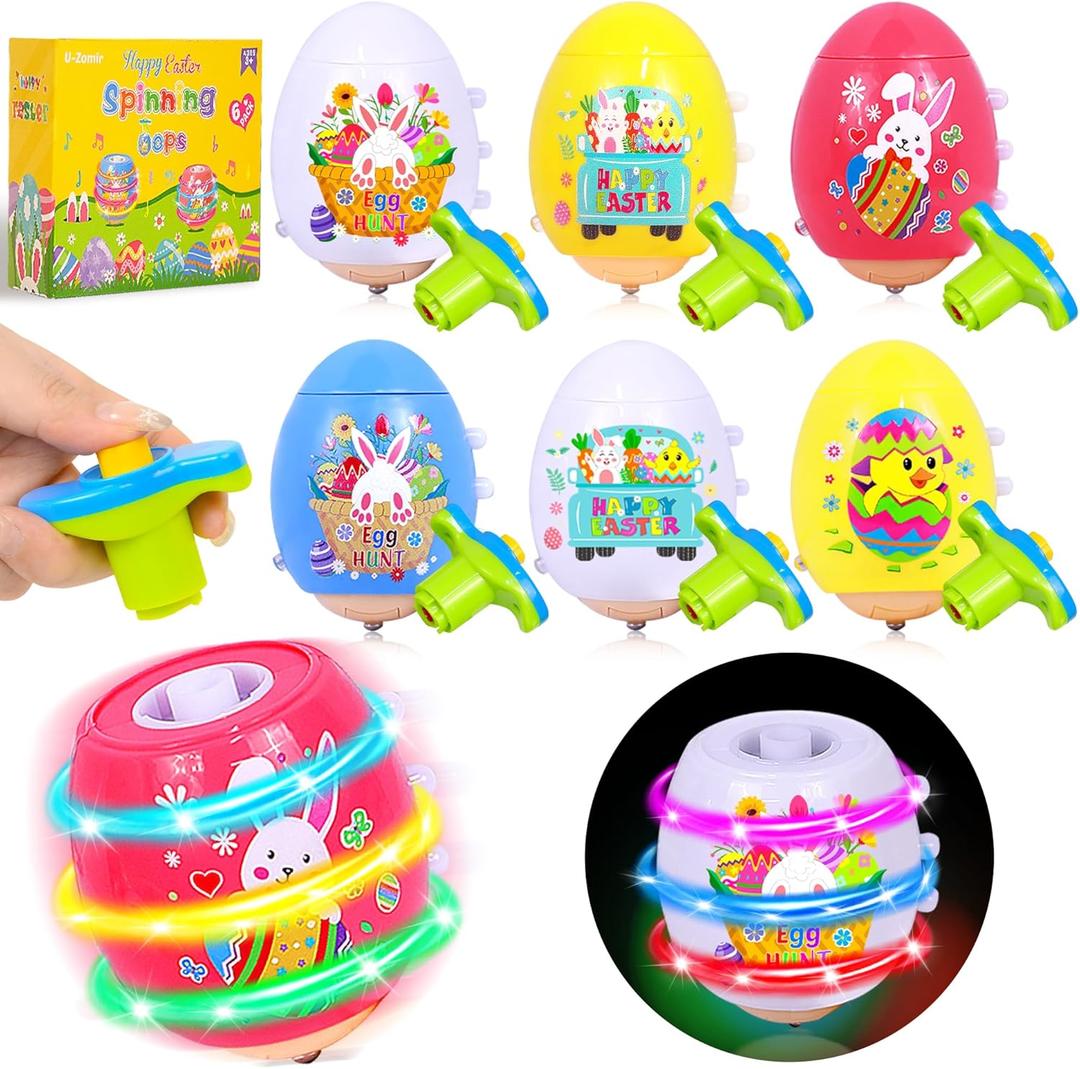 6 Pack Easter Basket Stuffers Easter Eggs for Toddler Boys Girls, LED Light Up Spinning Tops Easter Toys with Flash & Music, Eggs for Easter Egg Hunt Easter Gifts for Kids Party Favors