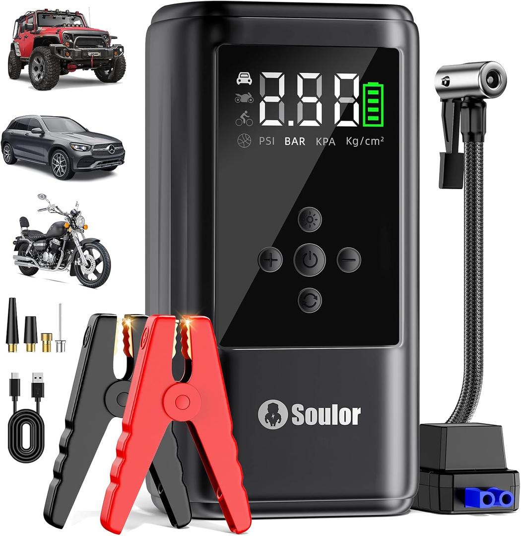 6000A Jump Starter with Air Compressor Battery Jumper Starter Portable 10-in-1 Car Jump Starter Portable 12V Jump Box with 160PSI Tire Inflator LED Light and Jumper Cables (10L Diesel All Cars) (CYD24)
