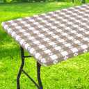 Rectangle Vinyl Table Cloth, Waterproof Elastic Fitted Tablecloth with Flannel Backing, Plastic Table Cover for Picnic, Camping, Outdoor (Khaki & White, 30"x96")