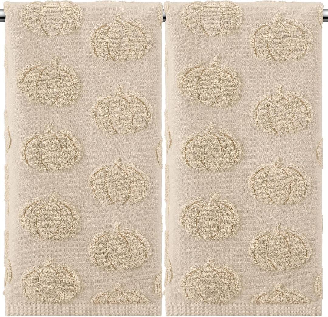 Mindsoft 2 Pcs Fall 3D Beige Pumpkin Jacquard Hand Towels for Bathroom Thanksgiving Pumpkin Towels Autumn 100% Cotton Soft Absorbent Decorative Weave Bathroom Decor Gift, 13.7 x 29.5 Inch