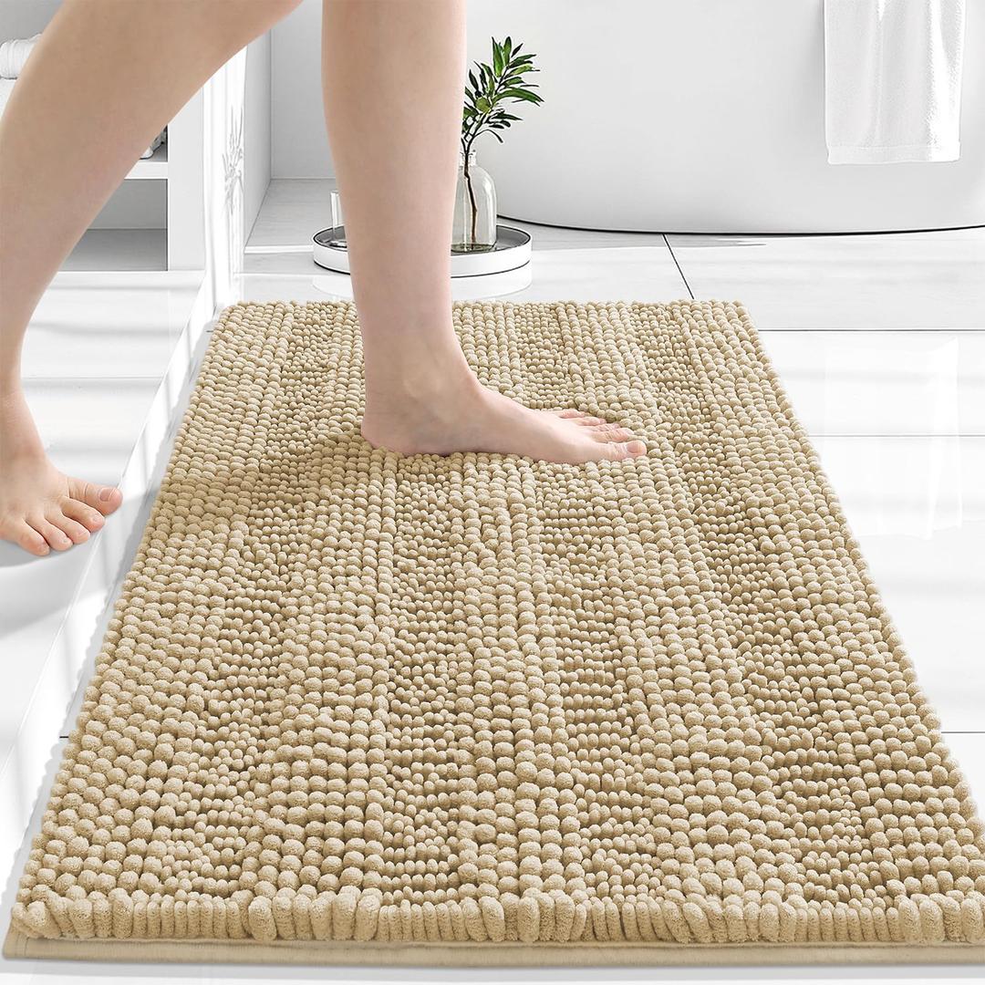 Grandaily Chenille Striped Bathroom Rugs 30x20, Extra Thick and Absorbent Bath Mats, Non-Slip Soft Plush Shaggy Shower Carpet, Machine Wash Dry, Bath Rug for Bathroom, (Medium, Beige)