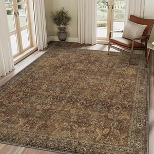 BESBLEE 8X10 Area Rugs Machine Washable Rugs for Living Room, Vintage Boho Large Rugs for Bedroom Dining Room, Non Slip Indoor Soft Distressed Lightweight Thin Low Pile Carpet, Rustic Brown