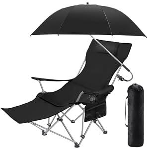 2-in-1 Reclining Camping Chair with 360° Umbrella Folding Lounge Beach Chair with Footrest and Universal Clamp UPF 50+ Adjustable Umbrella Portable Lightweight Seating for Adults Outdoor(Black)