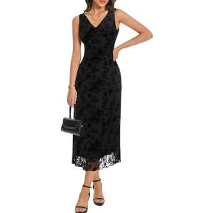 Nitzana Women's Sexy V Neck Sleeveless Mesh Maxi Dresses Summer Casual Elegant Long Floral Dress Wedding Guest Cocktail Party Size S