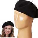 Women French Wool Beret Hats - Solid Color Classic Beanie Winter Cap (One Size, Black)
