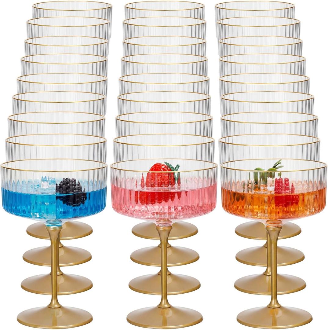 Jingmore 24 Pcs Ribbed Martini Glasses 10 oz Disposable Plastic Vintage Ribbed Coupe Glasses with Gold Rim Cocktail Unbreakable Dessert Parfait Glassware for Wedding Party Supplies (Gold)