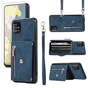 Phone Case for Samsung Galaxy A71 5G Wallet Cover with Tempered Glass Screen Protector and Wrist Crossbody Strap Lanyard Credit Shoulder Card Holder Slot Stand Leather Cell A 71 G5 71A S71 Blue