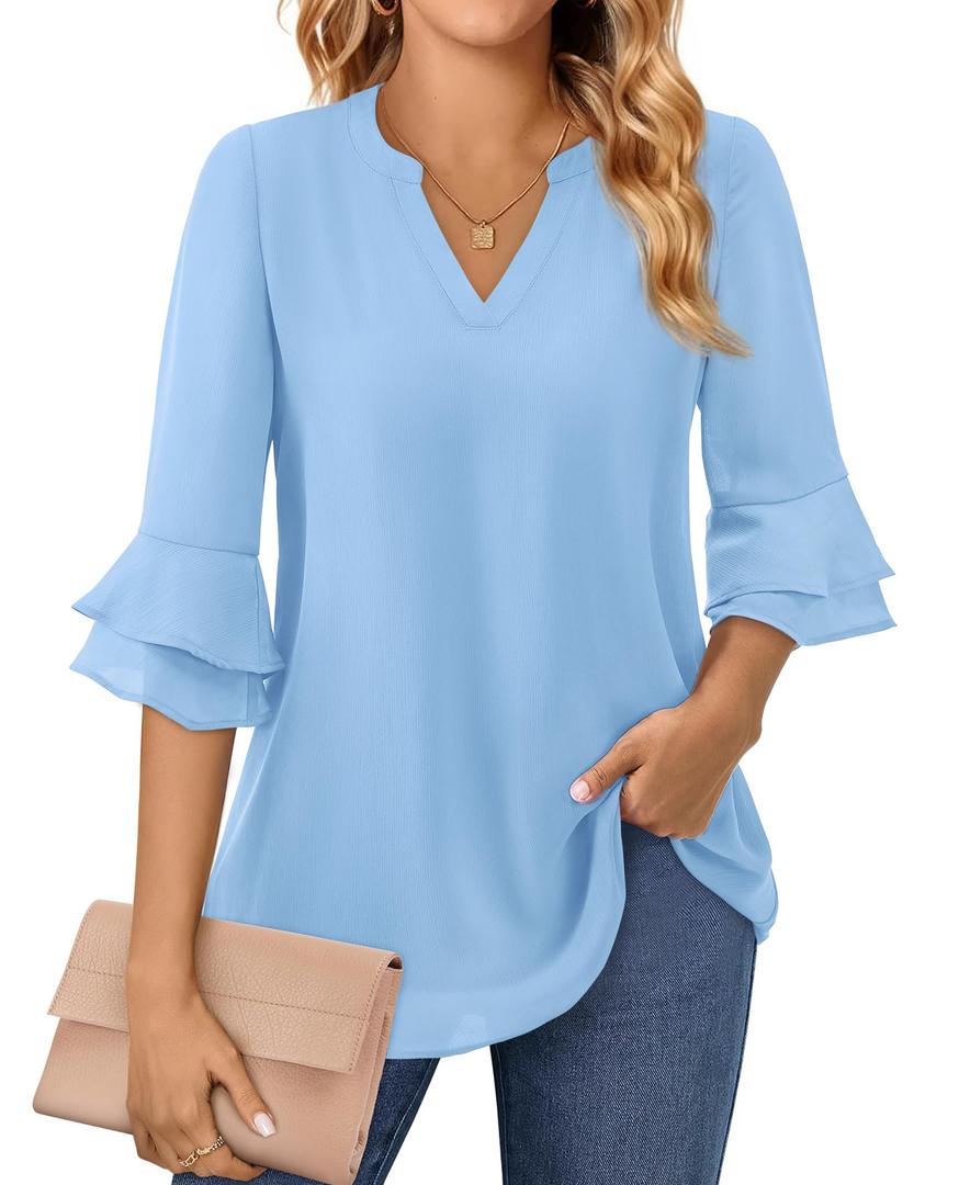 3/4 Sleeve Tops for Women Work Professional Plus Size Blouses Dressy Casual Tops Business Casual V Neck Tunic Loose Fitting Cute Wedding Elegant Party Chiffon Summer Night Out Clothes Light Blue XL (Blue, XL)