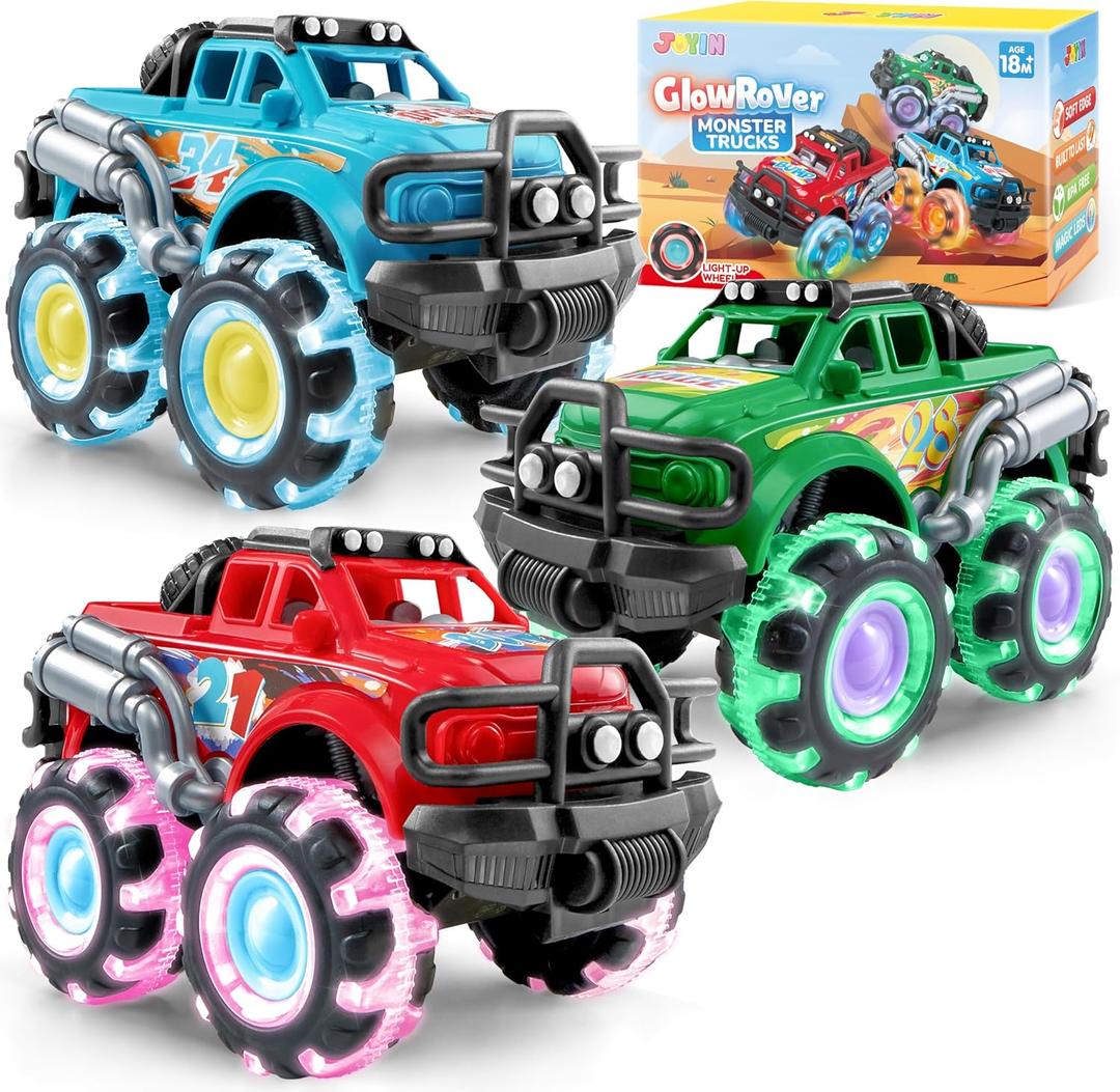 3Pack Monster Truck Toy - Toy Truck with Flashing LED Wheels - Light-Up Cars for Toddlers - Christmas Birthday Gift for Boys Girls - Friction-Powered