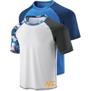 Liberty Imports 2-Pack Men's UV Short Sleeve Swim Shirts Loose Fit Rash Guards (3X-Large, Printed White/Contrast Blue)