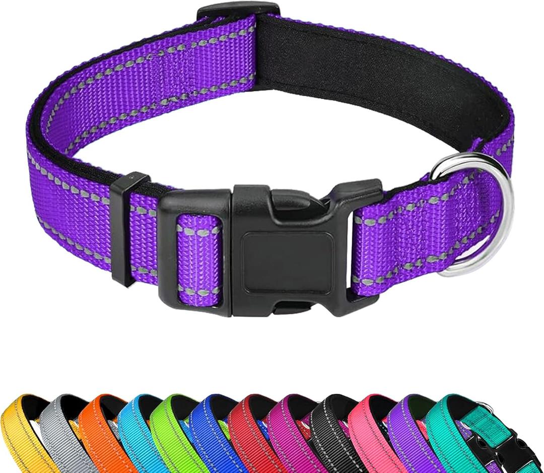 Reflective Dog Collar, Adjustable Soft Neoprene Padded Nylon Pet Collars with Buckle for Medium Dogs, Purple,M