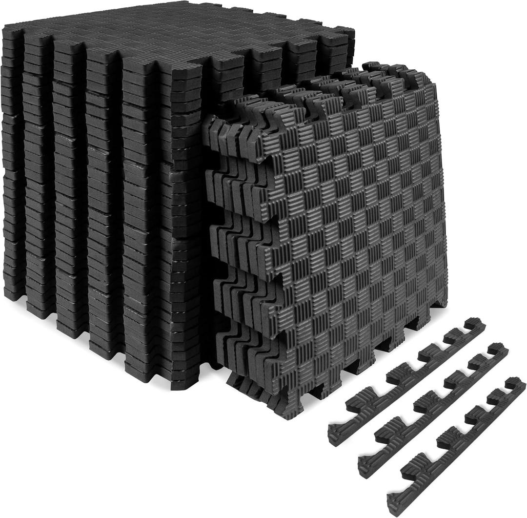 Exercise Puzzle Mat ½-inch, Checkered EVA Foam Floor Tiles w/ Non-Slip Texture, Interlocking Design for Adjustable Gym Surfaces, Shock Absorbing, Black, 36 SQ FT - 36 Tiles