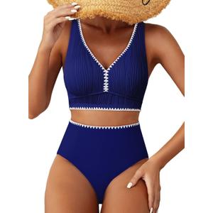 Herseas High Waisted Bikini Sets for Women - Textured Whip Stitch 2 Piece Swimsuit Bestselling Summer Beach Bathing Suit (Medium, Navy Blue)