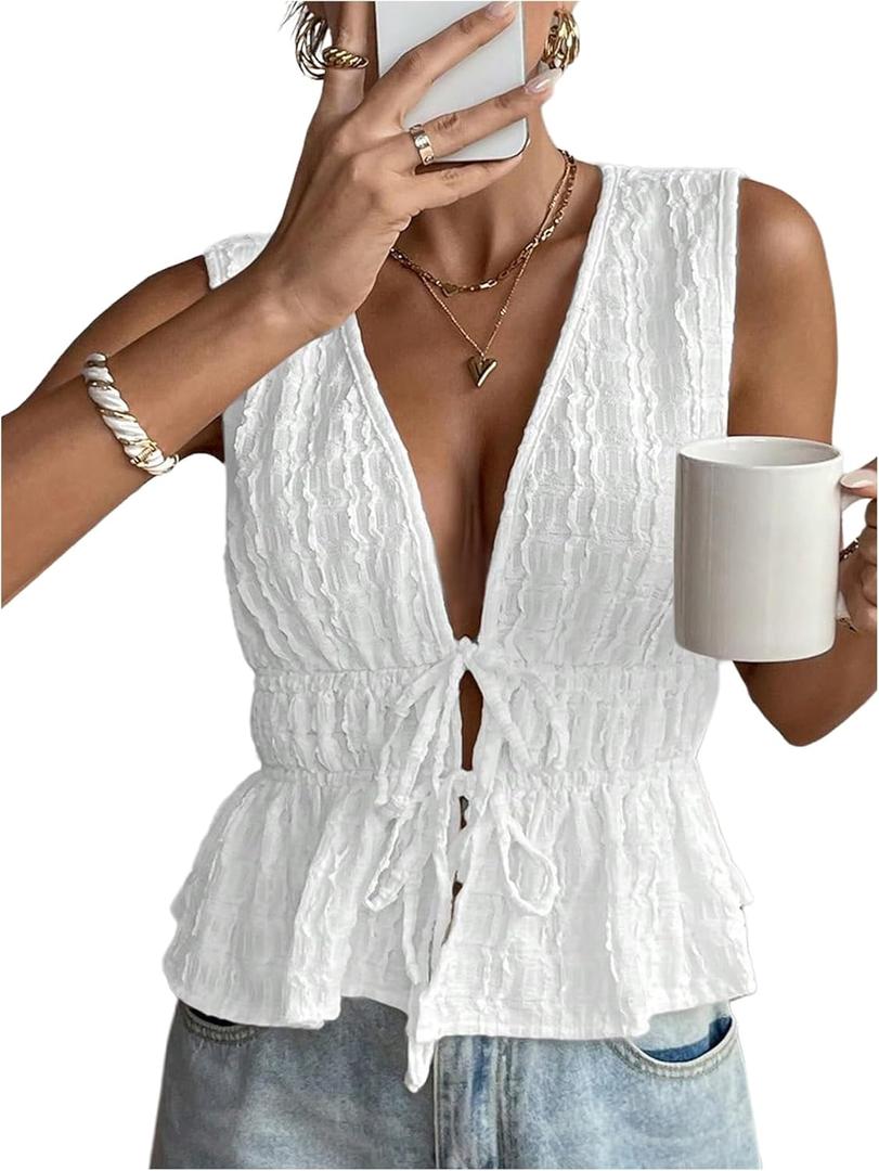 MakeMeChic Women's Tie Front Tank Top Sleeveless Ruffle Hem Crop Going Out Tops (White,XL)