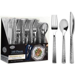 Plastic Cutlery Silverware Extra Heavyweight Disposable Flatware, Full Size Cutlery Combo, Silver Pebbled, 80 Forks, 40 Spoons, 40 Knifes, Value Pack 160 Count