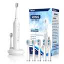 Sonic Electric Toothbrush for Adults with 5 Toothbrush Replacement Heads, 3 Brushing Modes & 2 Minutes Built-in Timer, Travel Toothbrushes with Inductive Charging, Rechargeable toothbrush | White