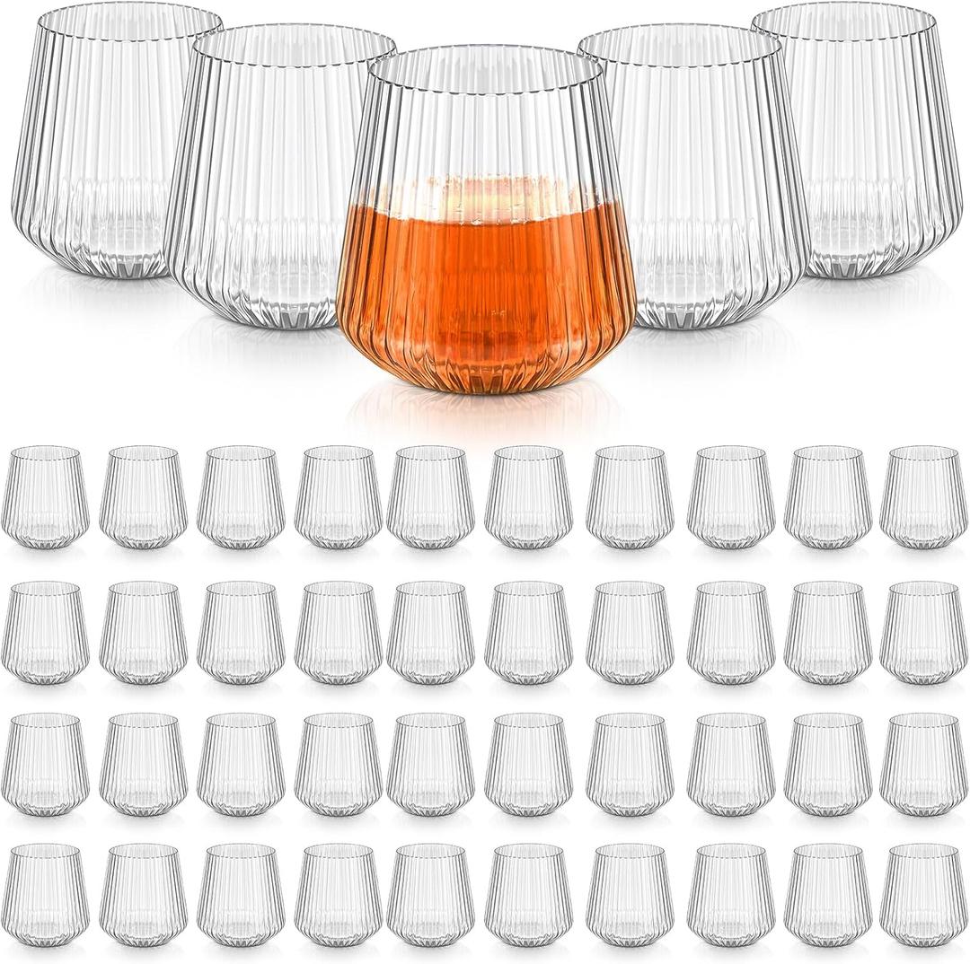 Denylo pro 50 Pcs 14 OZ Plastic Ribbed Wine Glasses Disposable Clear Wine Glasses Recyclable Shatterproof Reusable Plastic Cups for Party Home Bars Wedding Tasting Favors (White-2)